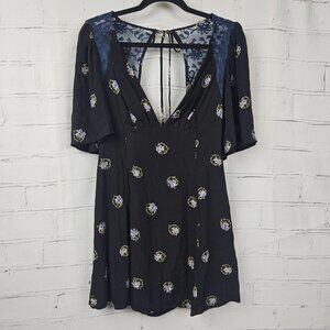 Free People Black Boho Floral Lace Back Dress Half Bell Sleeves Womens 8 Hippie